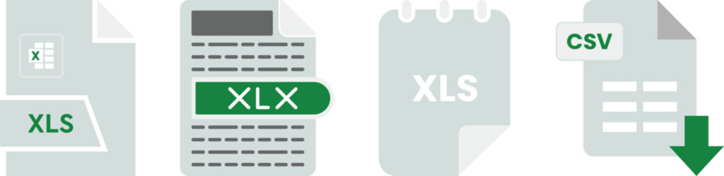 Collection of file format icons featuring XLS, XLSX, CSV, PDF, ZIP, JPG, PNG, RAW and EPS document symbols. Perfect for apps, websites, file management and UI design.