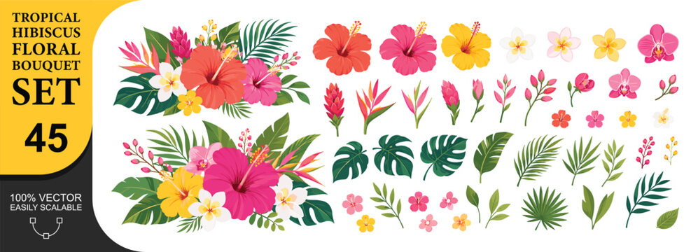 Tropical hibiscus floral bouquet set with orchids and exotic leaves.