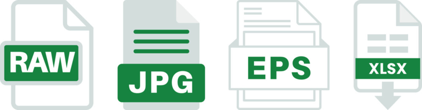 Collection of file format icons featuring XLS, XLSX, CSV, PDF, ZIP, JPG, PNG, RAW and EPS document symbols. Perfect for apps, websites, file management and UI design.