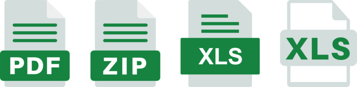 Collection of file format icons featuring XLS, XLSX, CSV, PDF, ZIP, JPG, PNG, RAW and EPS document symbols. Perfect for apps, websites, file management and UI design.
