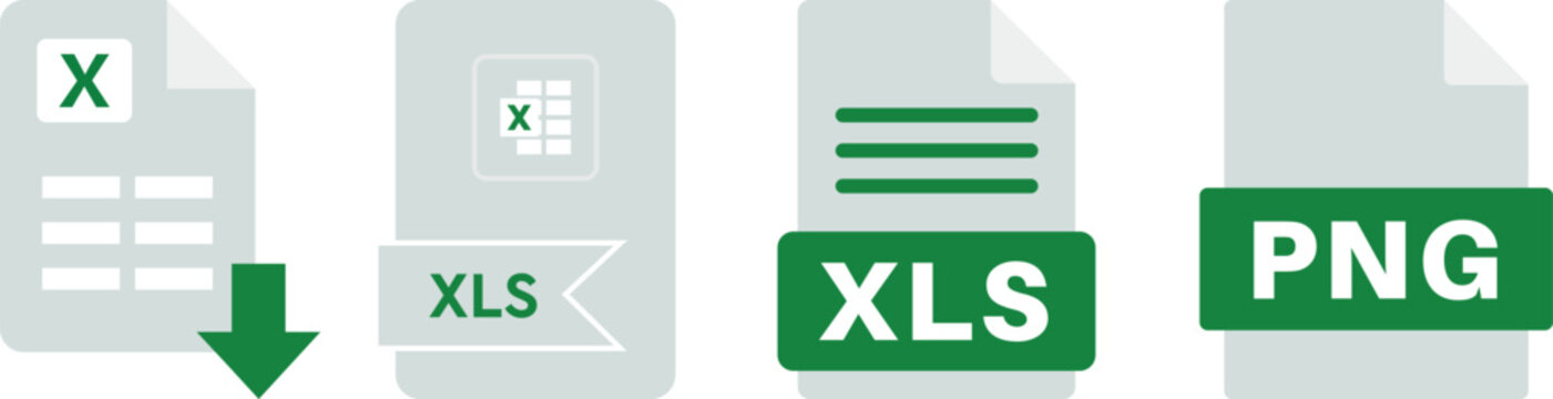 Collection of file format icons featuring XLS, XLSX, CSV, PDF, ZIP, JPG, PNG, RAW and EPS document symbols. Perfect for apps, websites, file management and UI design.