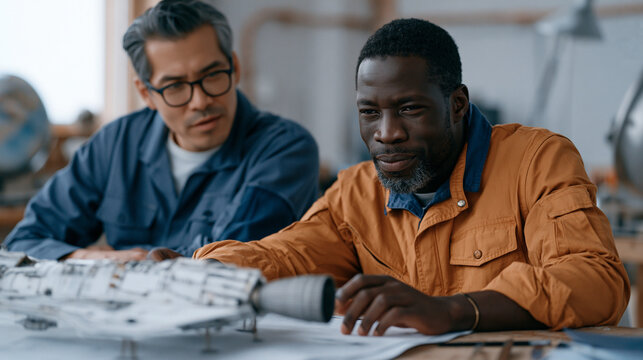 Planetary defense mission planning team builds scale model of kinetic impactor spacecraft on workshop table, Ghanaian aerospace engineer aligning thruster nozzle mockup with