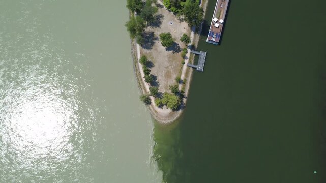 Aerial top down: confluence of Inn and Danube rivers, Passau, Germany