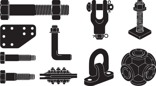 Industrial Fasteners and Hardware Components Black Silhouette Vector Set Isolated on White Background