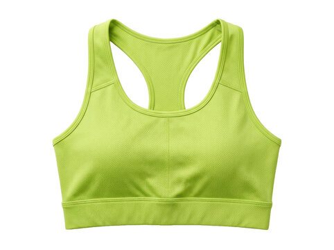 A vibrant lime green sports bra with a racerback design is presented in a clean studio shot, highlighting its athletic apparel function against a bright white background.