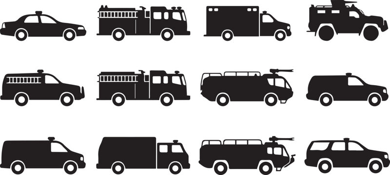 Set of emergency vehicle silhouettes police cars fire engines and ambulances isolated on white background