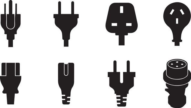 Set of different electric plug icons and power connector silhouettes isolated on white background