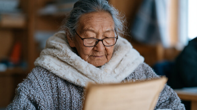 Inuit elder participates in a longitudinal brain health study at a northern community health clinic, a geriatric neurologist reviewing early biomarker blood panel results for