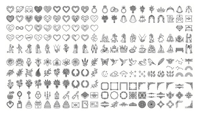 Diverse wedding icon set featuring romantic symbols and decorative border elements marriage graphics ornaments celebration anniversary invitation ceremony elements romantic monochrome