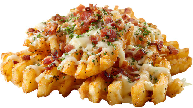 Loaded waffle fries topped with melted mozzarella cheese bacon bits and fresh green parsley herbs view.