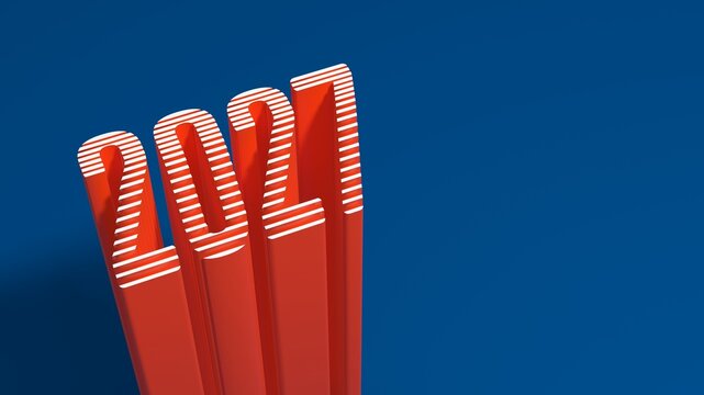 3D isometric 2027 New Year number with red and white stripes on a solid blue background, copy space
