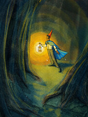 Hombre busca con una linterna en el bosque, ilustración de acuarela digital © CesarGlz