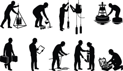Wind turbine maintenance silhouette set featuring engineers repairing green energy systems, climbing towers, and inspecting wind generators.eps,  © Yousuf