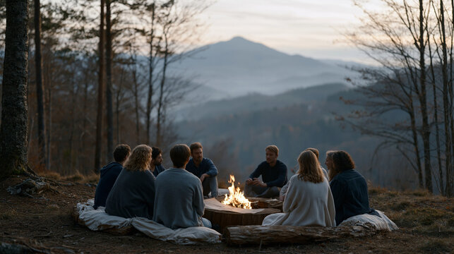 Wide establishing view of a startup team building retreat in an autumn forest lodge, eight founders from six countries gathered around an outdoor fire pit reviewing a hand-drawn