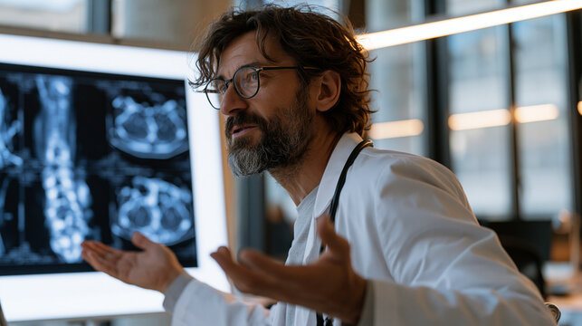 Space medicine researcher examines bone density scan results comparing pre-mission and post-mission vertebral cross-sections on lightboard, Roma scientist in lab coat gesturing at