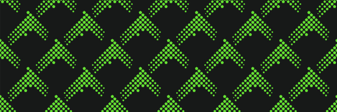 Seamless neon green geometric pattern of dotted arrows and small pentagons repeating on black background. Futuristic soccer sports banner and active jersey design