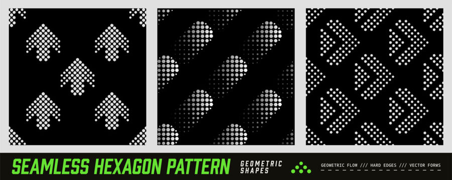 Seamless geometric pattern with white arrow shapes small hexagon dots on black background.