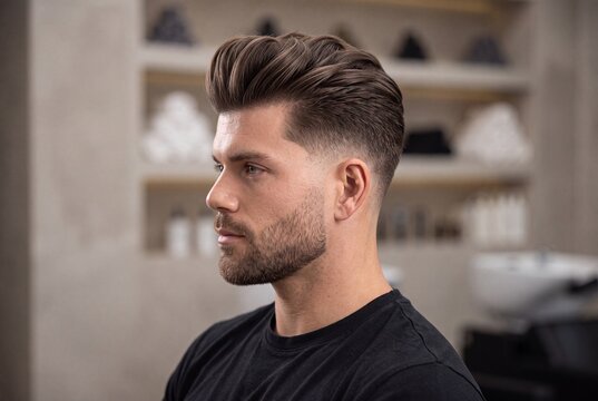 Stylish man with a modern pompadour haircut and groomed beard in a professional barbershop setting