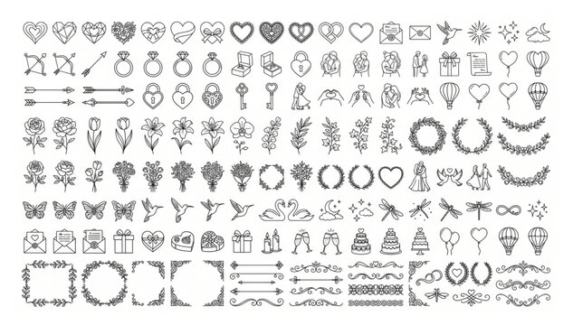 Wedding theme icon library for graphic design and romance themed illustrations with marriage graphics ornaments celebration anniversary invitation ceremony elements romantic monochrome