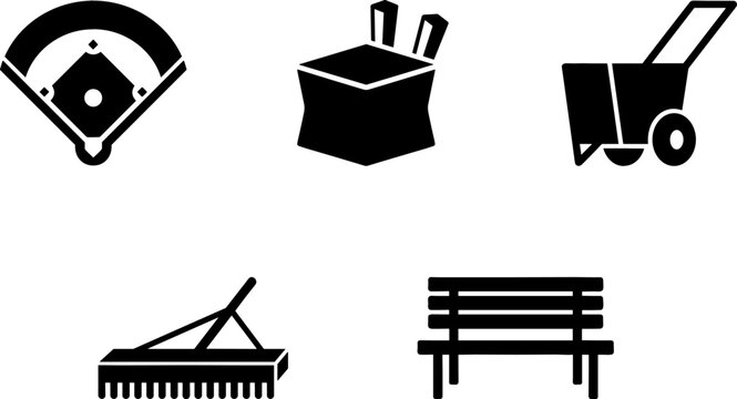 Baseball Field Maintenance and Stadium Equipment Silhouette Icon Set Featuring Diamond Field Groundskeeping Rake Chalk Marker Wheelbarrow and Player Bench