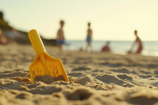 Yellow toy shovel on sandy beach with blurred kids