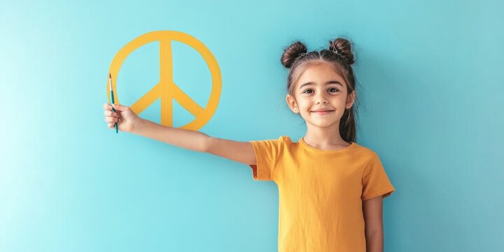 Young girl painting peace symbol on wall for International Day of Living Together in Peace
