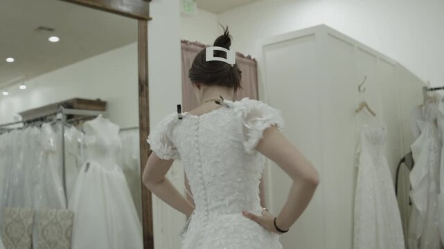 A young woman is trying on wedding dresses while her mother observes in the background, St. George, Utah