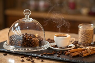 Fototapeta premium Coffee Beans & Steaming Cup Glass Cloche