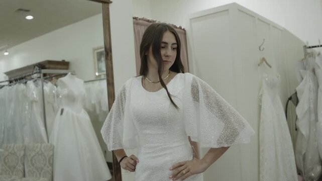 A young woman is trying on wedding dresses while her mother observes in the background, St. George, Utah