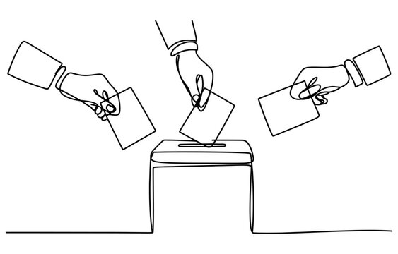 Continuous line drawing of people hands putting paper ballots into a voting box during a democratic election process Vector, illustration