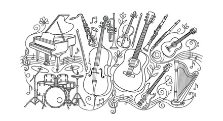 Musical Instruments Collection Detailed Line Art Silhouette © Rita