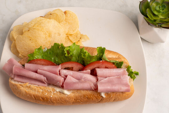 ham sub  with a side of  potato chips