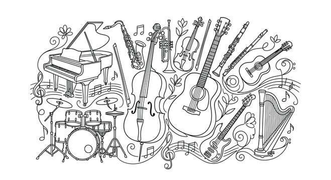 Musical Instruments Collection Detailed Line Art Silhouette