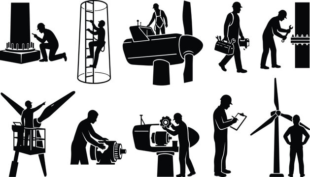 Wind turbine maintenance silhouette set featuring engineers repairing green energy systems, climbing towers, and inspecting wind generators.eps, 