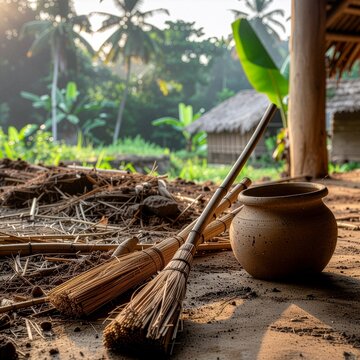 Authentic Indonesian Village Life: Handmade Broom and Earthenware Pottery on Dirt Floor at Sunrise