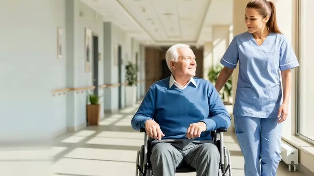 Nurse assisting elderly man in wheelchair along hospital corridor. Healthcare worker providing supportive care and companionship inside modern medical facility clinic.