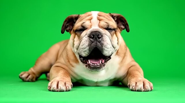 Adorable bulldog with eyes closed and mouth open, lying down on a vibrant green background in a studio portrait