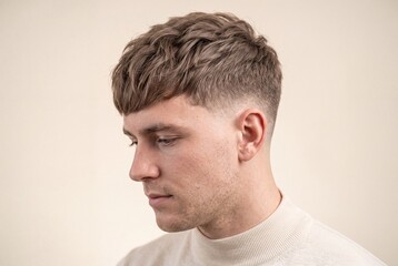 Obraz premium Portrait of a young man with a modern textured crop haircut and a skin fade