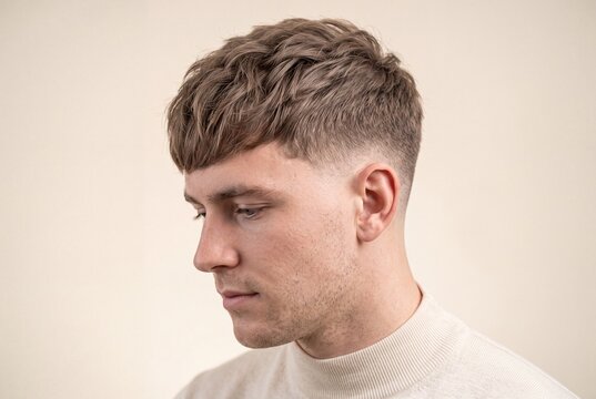 Portrait of a young man with a modern textured crop haircut and a skin fade