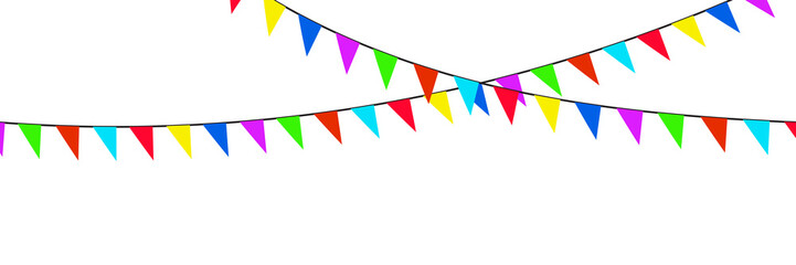Fototapeta premium Colorful Hanging Pennant Flags Garland Border Isolated on White Background