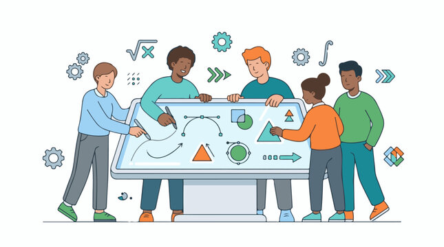 Diverse team collaborates on interactive digital whiteboard sketching ideas