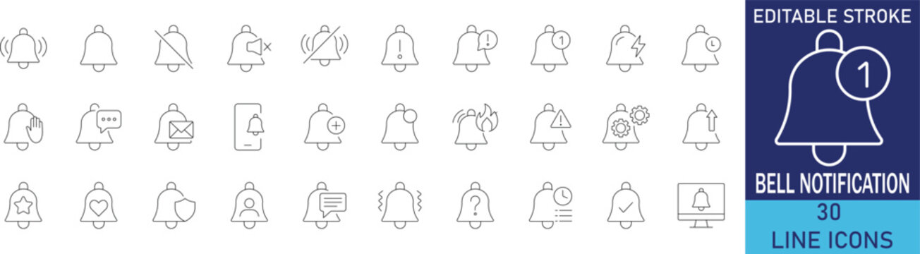 Bell notification and digital alert system line icon set. Vector symbols for unread message reminder, push notification badge, mute sound settings, and smart interface alarm.