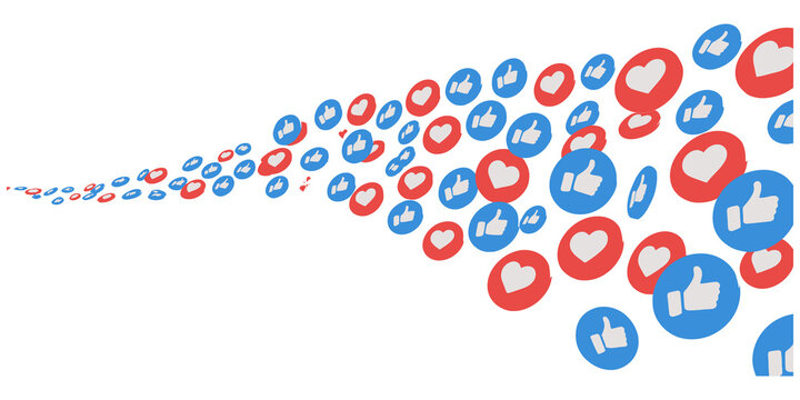 Social media thumbs up and heart icons flowing in a dynamic stream