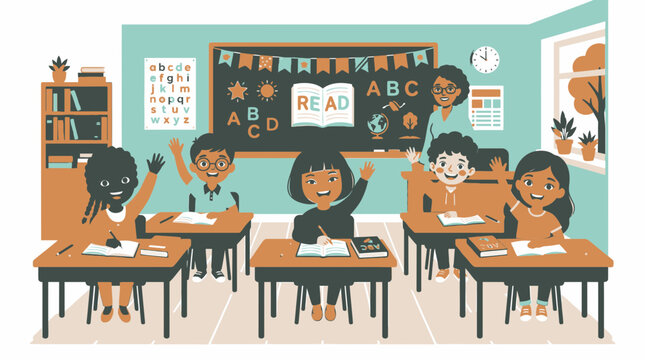 Diverse children raising hands in classroom, eager to learn with teacher