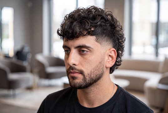Portrait of a young man with a modern curly mullet hairstyle and a wellgroomed beard