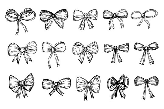 Hand drawn bow doodle set. Pen and ink ribbon bows in vintage sketch style. Vector collection.