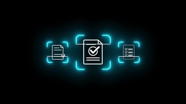 Glowing neon document scanning technology for digital paperwork management, showing business professional concept to capture paper documents and convert them into searchable digital data