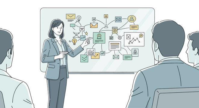 Minimalist Editorial Illustration of Professional Woman Sharing Key Insights on Glass Board in Corporate Setting