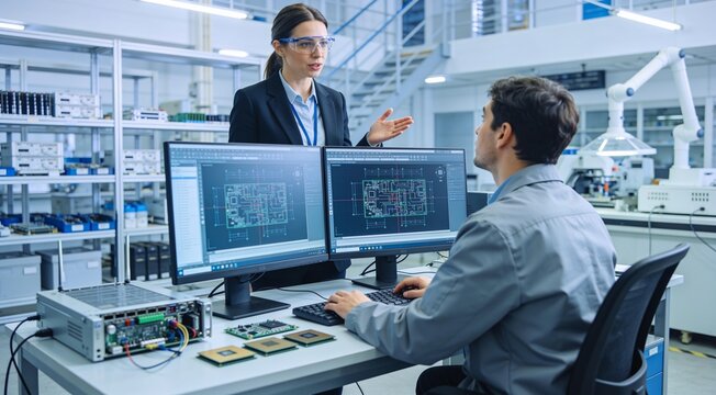 Female supervisor overseeing semiconductor design project in electronics manufacturing plant.
