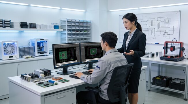 Electrical engineer creating microchip designs on computer in advanced manufacturing facility.